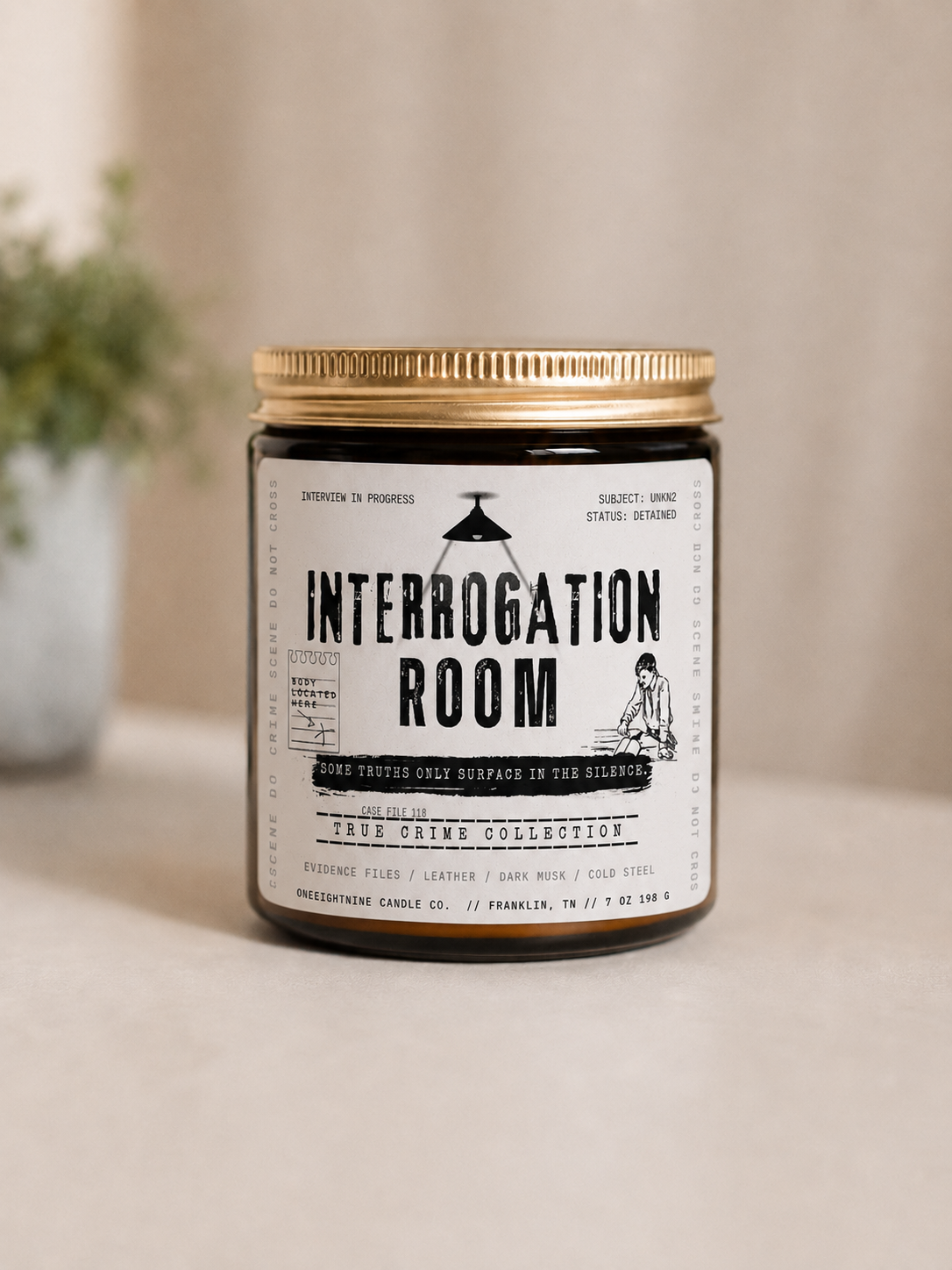 The Interrogation Room (7oz Candle Single Wick) Evidence Files, Leather, Dark Musk, Cold Steel - True Crime Collection