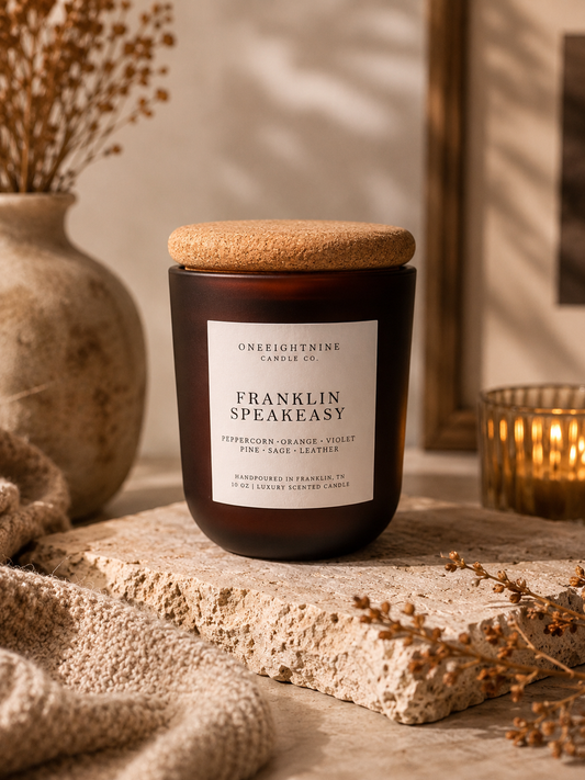 FRANKLIN SPEAKEASY (10 oz Candle) Peppercorn • Violet • Pine • Leather • Woods