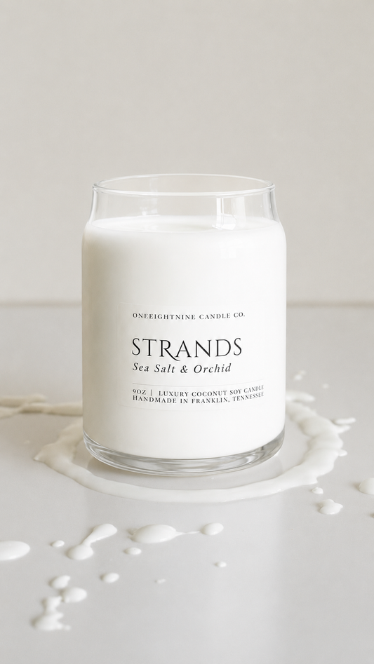 Strands 9 oz (9 Oz Double Wick Candle) Ozone, Orange, Sea Salt, Freesia, Green Leaves, Tonka Bean, Light Musk, Amber