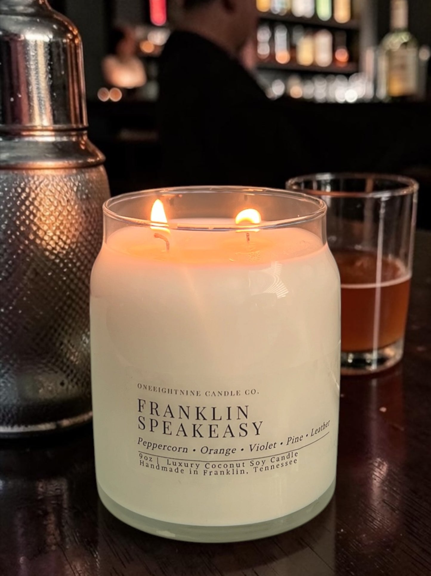 Franklin Speakeasy (9 Oz Double Wick Candle)  Peppercorn, Orange, Violet, Pine, Sage, Leather, Juniper