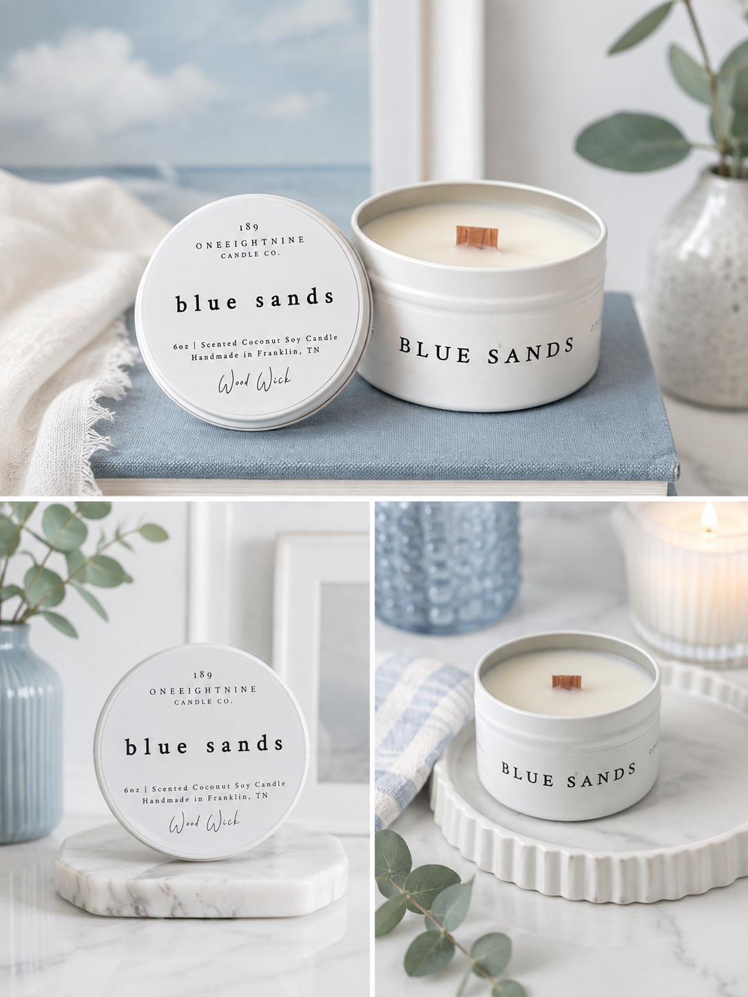 🏝️BLUE SANDS  (6 oz Candle )   Sea Water   •  Coconut  •  Palm Leaf  •  Driftwood  •  Musk