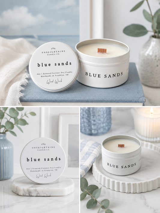 🏝️BLUE SANDS  (6 oz Candle )   Sea Water   •  Coconut  •  Palm Leaf  •  Driftwood  •  Musk