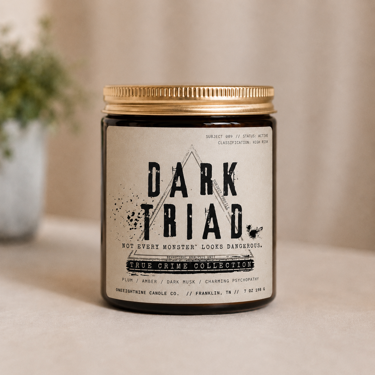 DARK TRIAD - (7oz Candle Single Wick) Plum, Amber, Dark Musk  - True Crime Collection