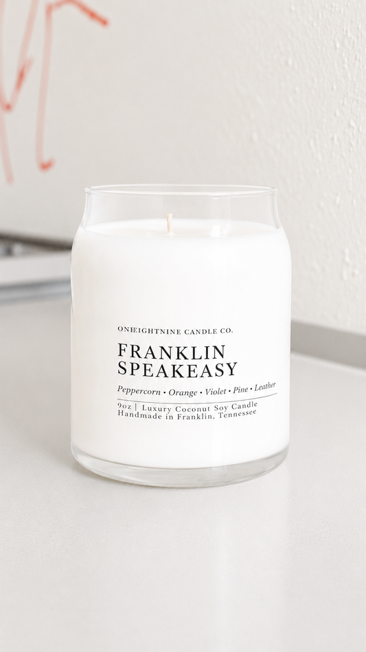 Franklin Speakeasy (9 Oz Double Wick Candle)  Peppercorn, Orange, Violet, Pine, Sage, Leather, Juniper