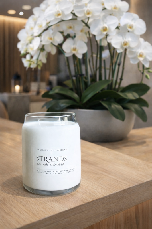 Strands 9 oz (9 Oz Double Wick Candle) Ozone, Orange, Sea Salt, Freesia, Green Leaves, Tonka Bean, Light Musk, Amber