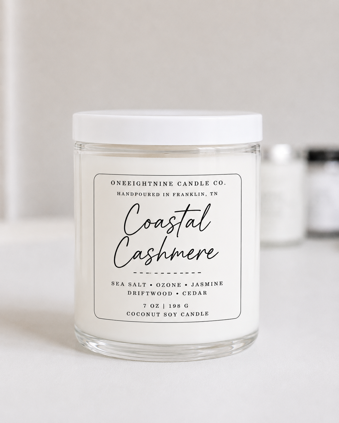 Coastal Cashmere (7 oz Single Wick Candle) Sea Salt, Ozone, Jasmine, Driftwood, Cedar