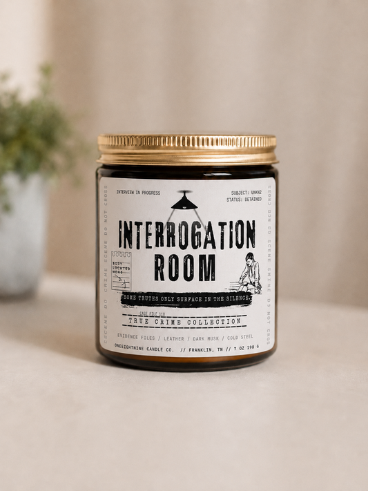 The Interrogation Room (7oz Candle Single Wick) Evidence Files, Leather, Dark Musk, Cold Steel - True Crime Collection