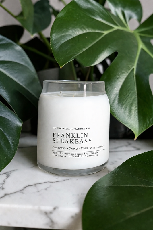 Franklin Speakeasy (9 Oz Double Wick Candle)  Peppercorn, Orange, Violet, Pine, Sage, Leather, Juniper