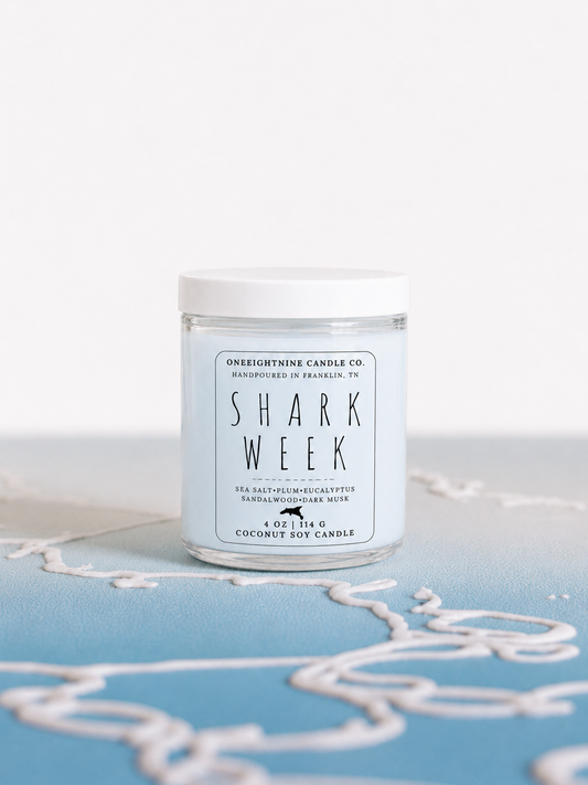 SHARK WEEK (7oz Candle Single Wick) Sea Salt, Plum, Eucalyptus, Sandalwood, Dark Musk