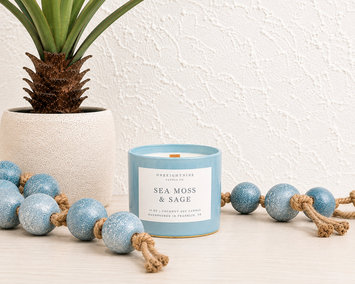 SEA MOSS & SAGE  (10 oz Candle)   Ozone   •   Linen •  Eucalyptus  •  Sea Salt  •  Pine  •  Moss  •  Fir