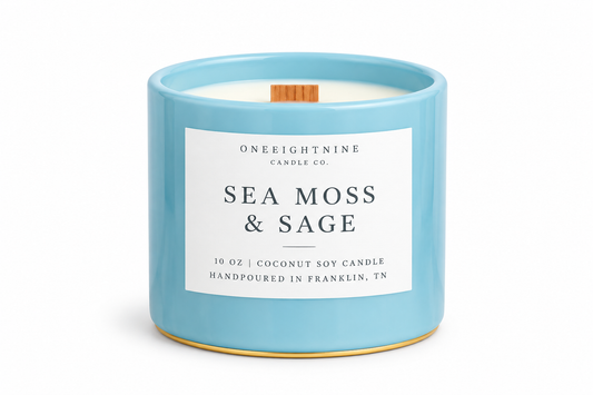 SEA MOSS & SAGE  (10 oz Candle)   Ozone   •   Linen •  Eucalyptus  •  Sea Salt  •  Pine  •  Moss  •  Fir