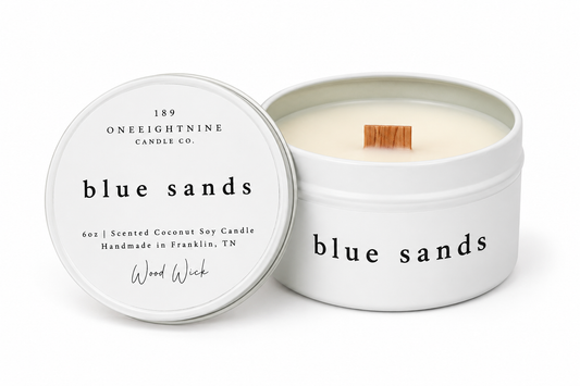 🏝️BLUE SANDS  (6 oz Candle )   Sea Water   •  Coconut  •  Palm Leaf  •  Driftwood  •  Musk