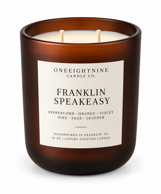 FRANKLIN SPEAKEASY  (10 oz Candle)     Peppercorn • Violet • Pine •  Leather •  Woods