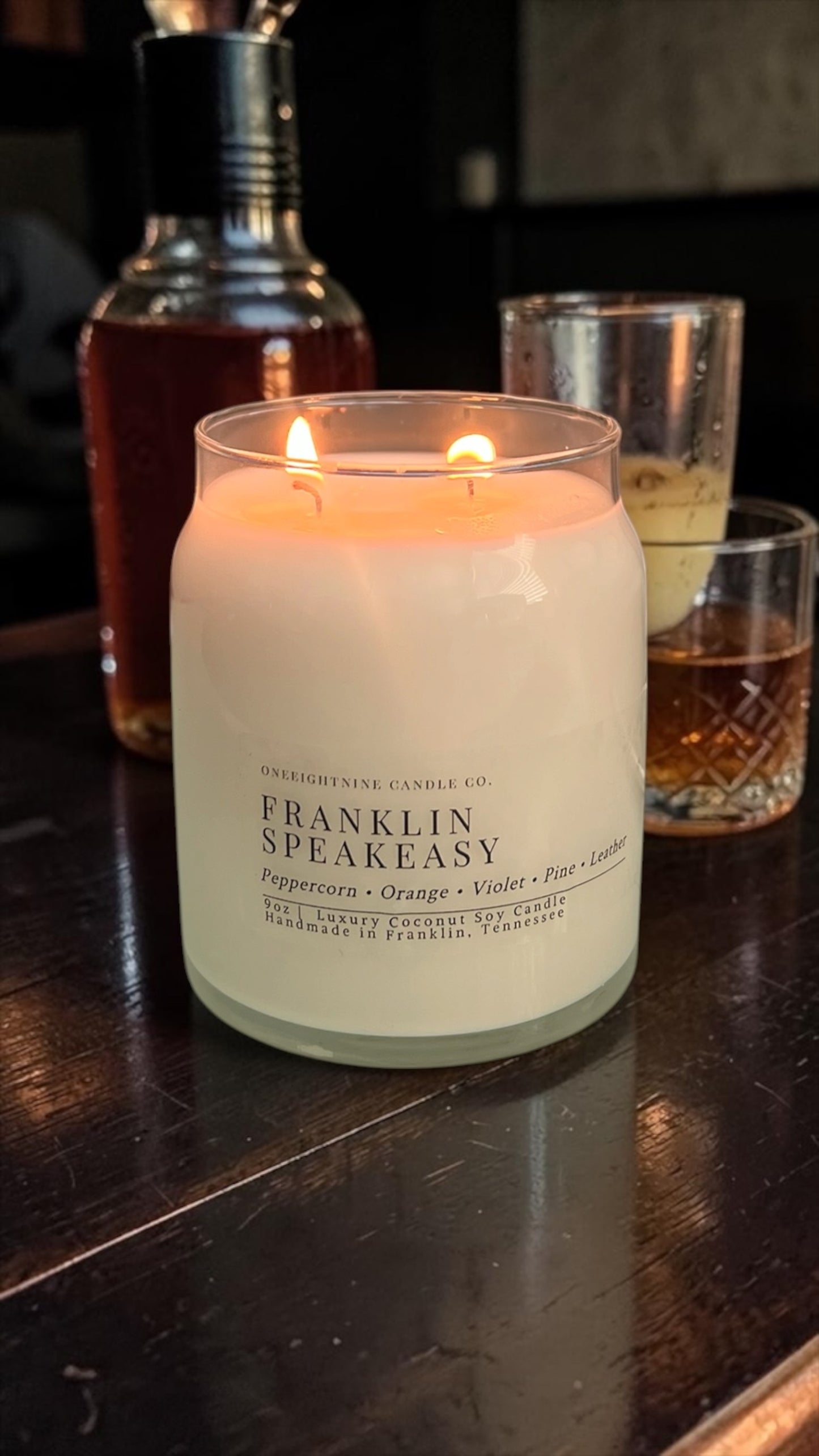 Franklin Speakeasy (9 Oz Double Wick Candle)  Peppercorn, Orange, Violet, Pine, Sage, Leather, Juniper