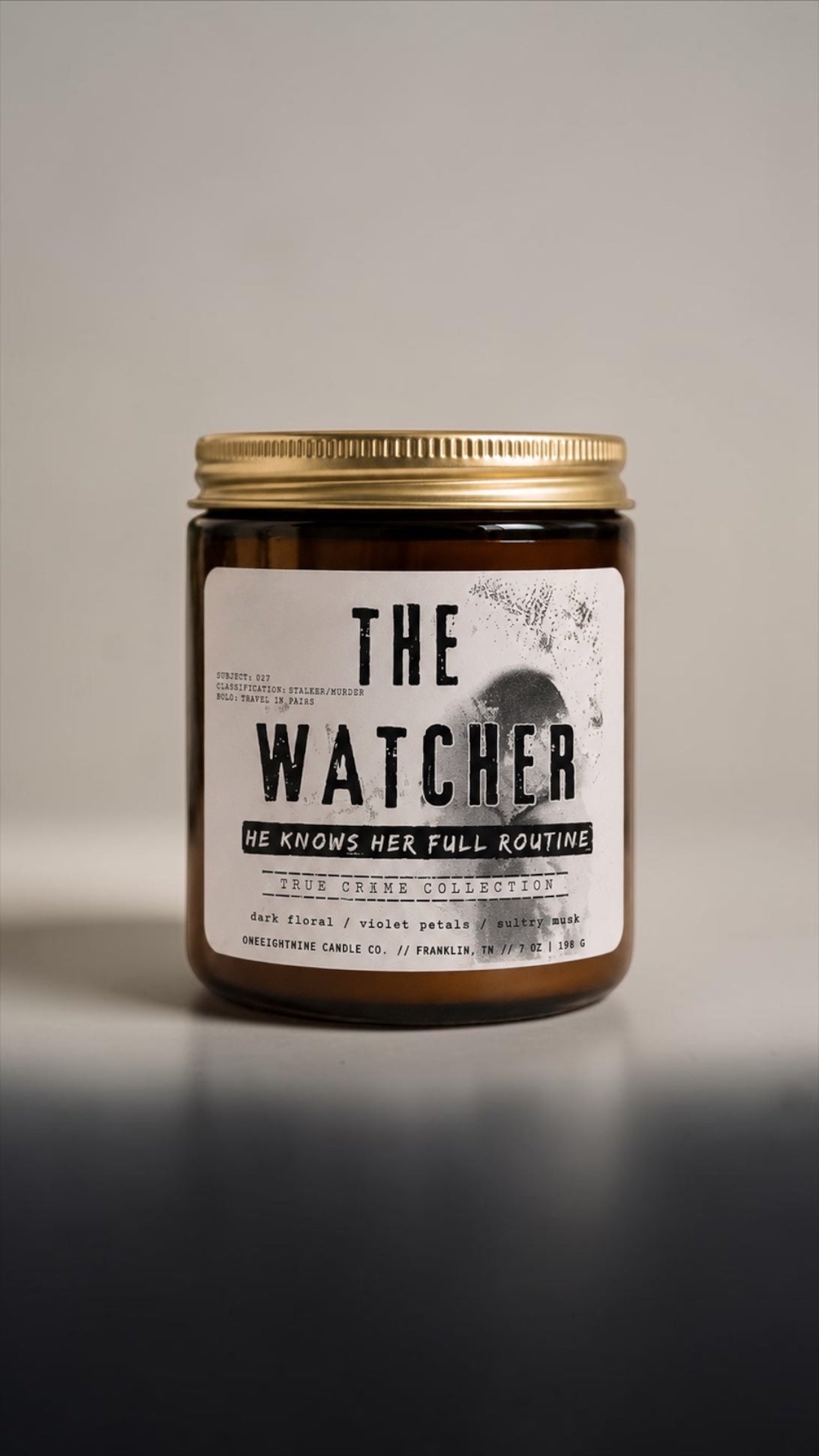 The Watcher (7 oz Single Wick) Dahlia Noir, Dark Florals, Velvet Petals, Sultry Musk -  True Crime Collection