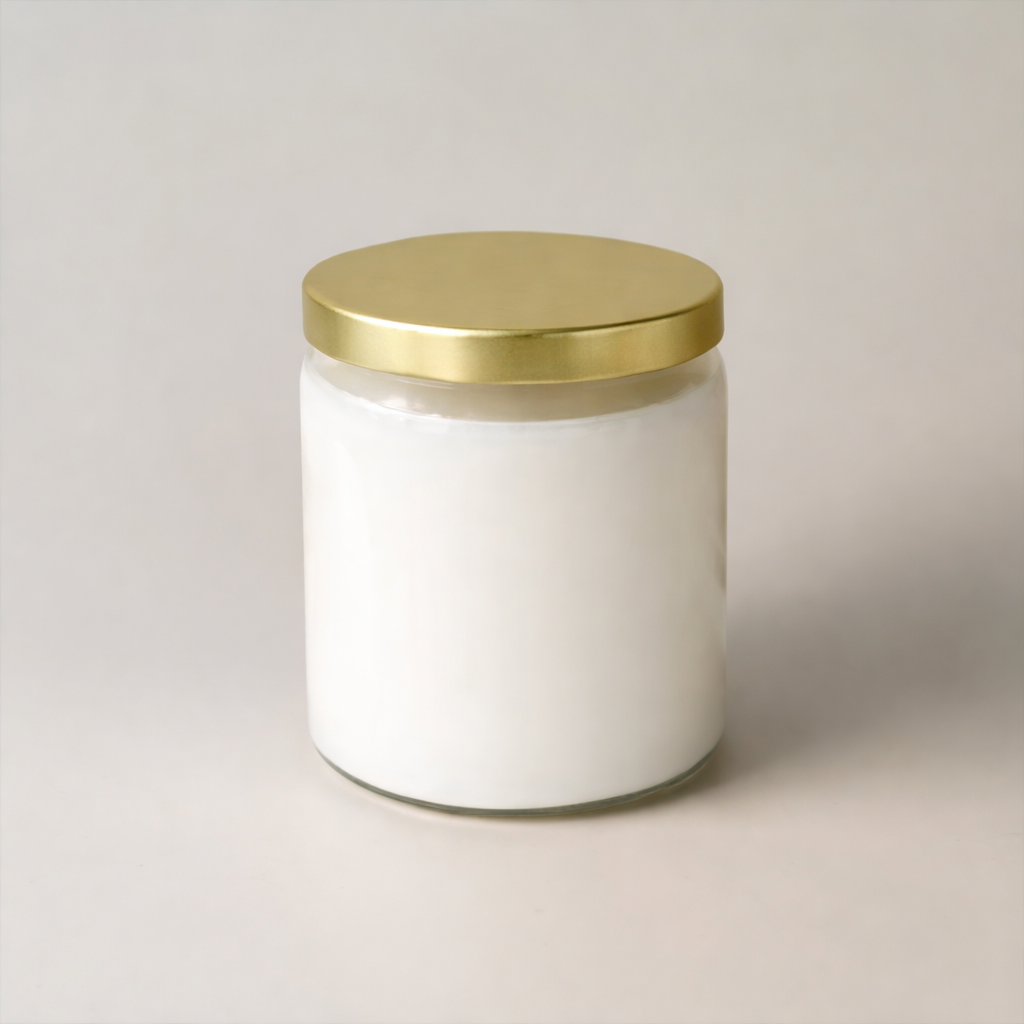 Back view of Malibu Morning 9 oz candle in clear glass jar with gold lid